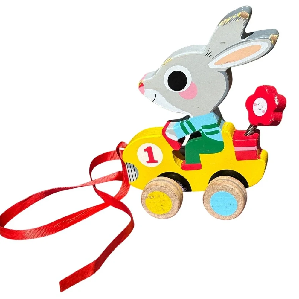 Vintage Pull Toy Kids Bunny Rabbit Race Car spring Retro wooden Unique Dje